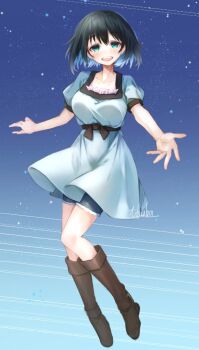 1girl :d aqua_eyes black_bow black_hair black_trim blue_dress blue_eyes blush bob_cut boots bow breasts chest_bow collar collarbone dress frilled_collar frills full_body green_eyes looking_at_viewer medium_hair open_mouth pink_frills puffy_short_sleeves puffy_sleeves reaching reaching_towards_viewer science_adventure shiina_mayuri short_hair short_sleeves shorts shorts_under_dress shorts_under_skirt sky smile solo steins;gate tareme yakku