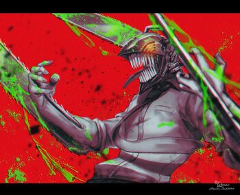 1boy absurdres alternate_form amazuya_azuma blood chainsaw chainsaw_man denji_(chainsaw_man) green_blood grey_necktie highres long_tongue male_focus necktie red_background sharp_teeth shirt solo teeth tongue white_shirt
