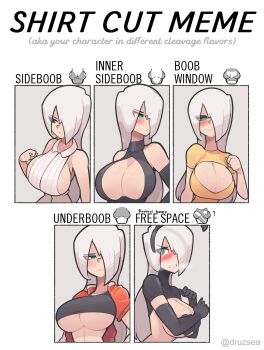 animal_ears aqua_eyes armpit_crease bare_shoulders black_gloves blush breasts chart cleavage_cutout closed_mouth clothing_cutout covering_breasts covering_privates cropped_jacket dress elbow_gloves embarrassed english_text fake_animal_ears gloves green_eyes hair_over_one_eye hairband halter_dress halterneck heart_pasties highres jacket large_breasts long_hair looking_at_viewer looking_away meme movail2 multiple_drawing_challenge multiple_views open_mouth orange_jacket original parted_lips pasties rabbit_ears revealing_clothes reverse_bunnysuit reverse_outfit shirt_cut_meme short_sleeves sideboob underboob white_hair wing_collar