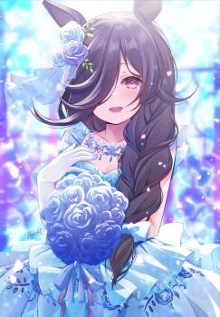 Rule 34 | 1girl, :d, absurdres, animal ears, blue bow, blue dress, blue flower, blue rose, bouquet, bow, braid, brown hair, collarbone, commentary request, dress, flipped hair, flower, gloves, hair bow, hair flower, hair ornament, hair over one eye, hand on own chest, haruki (colorful macaron), highres, holding, holding bouquet, horse ears, horse girl, jewelry, long hair, looking at viewer, necklace, official alternate costume, open mouth, purple eyes, rice shower (longed-for scenery) (umamusume), rice shower (umamusume), rose, side braid, signature, smile, solo, umamusume, veil, wedding dress, white gloves