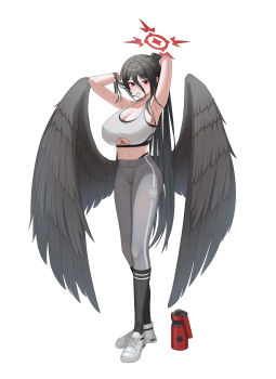 Rule 34 | 1girl, absurdres, alternate costume, alternate hairstyle, armpits, arms behind head, bare arms, bare shoulders, black hair, black socks, black wings, blue archive, breasts, cleavage cutout, clothing cutout, commentary, ddanzi, feathered wings, grey pants, hair tie in mouth, halo, hands in own hair, hasumi (blue archive), highres, huge breasts, kneehighs, long hair, looking at viewer, midriff, mouth hold, pants, red eyes, red halo, shoes, socks, solo, sports bra, tying hair, underboob, underboob cutout, very long hair, white shoes, white sports bra, wings, yoga pants
