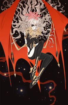 1girl animal_ears artist_name bat_wings black_background black_gloves bodysuit claws clothing_cutout commentary covered_navel elbow_gloves embla_(fire_emblem) english_commentary eyepatch fire_emblem fire_emblem_heroes gauntlets gloves grey_hair halo highres hip_vent kejokaya lace-trimmed_eyepatch leg_cutout long_hair monster_girl nintendo one_eye_covered pale_skin red_eyes red_halo skin_tight sleeveless sleeveless_bodysuit solo wings