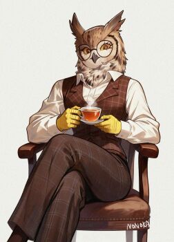 1girl beak belt bird_girl black_vest brown_eyes chair collared_shirt colored_sclera commentary crossed_legs cup english_commentary feathers formal_clothes furry furry_female glasses highres lapels long_sleeves looking_at_viewer nonoka917 notched_lapels original owl_ears owl_girl pants shirt simple_background sitting solo tea teacup vest white_background white_shirt wing_collar yellow_sclera