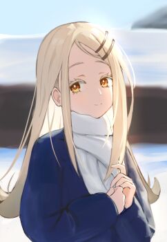 Rule 34 | 1girl, blonde hair, blue coat, coat, colored eyelashes, commentary, earrings, flipped hair, gakuen idolmaster, idolmaster, jewelry, kinoko (alcyone1018), korean commentary, long hair, looking at viewer, orange eyes, outdoors, scarf, shinosawa hiro, smile, solo, stud earrings, upper body, very long hair, white scarf