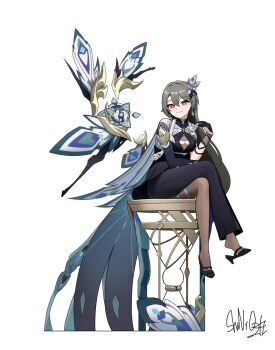 1girl absurdres asymmetrical_clothes black_dress black_gloves black_pants black_shoes breasts brown_hair brown_pantyhose cleavage cleavage_cutout closed_mouth clothing_cutout commentary_request crossed_legs dress gloves hair_between_eyes hand_up high_heels highres honkai_(series) honkai_impact_3rd hourglass long_hair looking_at_viewer medium_breasts pants pantyhose red_eyes shoe_dangle shoes shuni_valentine signature simple_background single_pantsleg single_sleeve sitting smile solo very_long_hair vita_(honkai_impact) vita_(lone_planetfarer)_(honkai_impact) white_background
