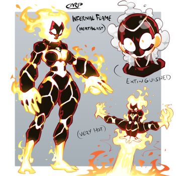 1girl absurdres ben_10 breasts carpinchor123 elemental_(creature) english_text fire_elemental genderswap genderswap_(mtf) heatblast highres medium_breasts multiple_views