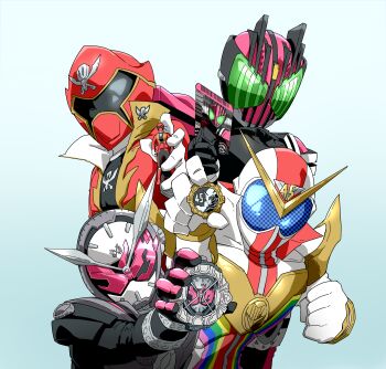 Rule 34 | 4boys, absurdres, armor, assault visor, black bodysuit, bodysuit, card, clenched hand, clock, company connection, crossover, gokai red, helmet, highres, holding, holding card, jacket, kaizoku sentai gokaiger, kamen rider, kamen rider dcd, kamen rider decade, kamen rider zi-o, kamen rider zi-o (series), kikai sentai zenkaiger, multiple boys, naitsupic, pink armor, pink helmet, power armor, power connection, ranger key, red helmet, red jacket, rider card, ridewatch, sentai gear, super sentai, tokusatsu, trait connection, upper body, white bodysuit, white helmet, zenkaizer
