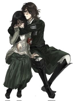 1boy 1girl 2girls armband arms_around_neck black_boots black_hair black_jacket black_shoes bolo_tie boots brown_hair collared_shirt eyepatch full_body glasses grey_jacket grey_skirt hair_between_eyes hange_zoe highres hug jacket laicuihu666 long_hair long_skirt military_jacket multiple_girls pants parted_lips pieck_finger pleated_skirt ponytail red_armband shingeki_no_kyojin shirt shoes sitting skirt survey_corps_(emblem) white_background white_pants white_shirt