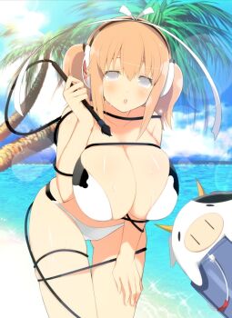 1girl animal_print bare_hips bare_legs bare_shoulders beach bikini breast_press breasts bucket cameltoe cleavage cow cow_print grey_eyes hair_ribbon hand_on_thigh headphones highres huge_breasts large_breasts legs legs_together light_brown_hair looking_down marvelous open_mouth palm_tree ribbon senran_kagura short_hair solo swimsuit thick_thighs thigh_gap thighs tied tree twintails ushimaru_(senran_kagura) ushiwakamaru_(senran_kagura) wet whip