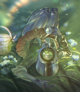 1girl android arm_up black_jacket breasts catnip_cataria cleavage flower from_above full_body highres holding holding_flower jacket knees_up lens_flare mirage_(ultrakill) necktie object_head picnic_basket rainbow red_necktie skirt sleeves_rolled_up solo ultrakill