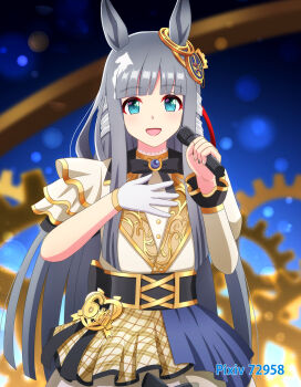 1girl alternate_costume animal_ears artist_name blue_eyes blurry blurry_background blush breasts chrono_genesis_(umamusume) gears gloves grey_hair highres horse_ears horse_girl horse_tail kasumi_uzuki long_hair looking_at_viewer open_mouth ribbon signature small_breasts solo tail umamusume