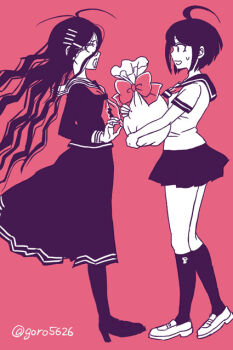 2girls ahoge antenna_hair bag bow collared_shirt commentary_request danganronpa_(series) danganronpa_another_episode:_ultra_despair_girls eyelashes flat_color from_side fukawa_toko glasses gorojiro_(goro5626) hair_ornament hairclip high_heels holding holding_bag limited_palette long_hair long_sleeves messy_hair multiple_girls naegi_komaru neckerchief open_mouth pink_background sailor_collar school_uniform serafuku shirt shoes short_hair short_sleeves simple_background smile socks sweatdrop torn_clothes torn_neckerchief twitter_username yuri