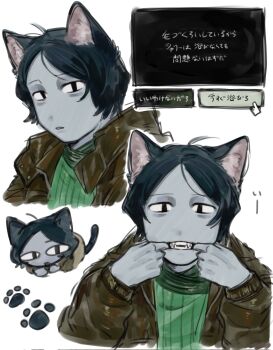 1boy animal_ears black_eyes black_hair cat_boy cat_ears cat_tail chikyu399 coat coat_guy_(no_i&#039;m_not_a_human) colored_skin green_scarf grey_skin highres kemonomimi_mode male_focus no_i&#039;m_not_a_human scarf short_hair sketch sweater tail teeth