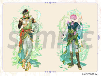 Rule 34 | 2boys, belt, boots, border, brown boots, brown hair, clothing cutout, colored tips, copyright notice, crop top, crossed ankles, eyeshadow, flower, full body, gold shoes, green hair, green ribbon, green shawl, green tunic, hanabatake chaika, hand on own hip, high heels, hitokoto, holding, holding flower, holding ribbon, leg cutout, long sleeves, makeup, male focus, monocle, multicolored hair, multiple boys, nijisanji, official art, one eye closed, pants, pink hair, pointy ears, red belt, red flower, red rose, ribbon, rose, sample watermark, shawl, shirt, shoes, simple background, smile, sumeragi reo, thigh strap, tunic, virtual youtuber, watermark, white border, white pants, white shirt, yellow background