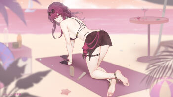 1girl all_fours alternate_costume artist_name bare_shoulders barefoot beach beach_towel bikini black_bikini black_gloves black_sarong blurry bottle breasts closed_mouth commentary depth_of_field eyewear_on_head feet from_behind glasses gloves hair_between_eyes hashtag-only_commentary highres honkai:_star_rail honkai_(series) kafka_(honkai:_star_rail) long_hair looking_at_viewer looking_back lotion medium_breasts ocean outdoors paid_reward_available pince-nez purple_eyes round_eyewear sarong shoulder_blades sideboob smile soles solo sunglasses sunscreen swimsuit table thigh_strap toes towel yunkaiming