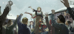 Rule 34 | black gloves, blonde hair, braid, button up skirt, crowd, gloves, hands up, head scarf, highres, long hair, official art, official wallpaper, open mouth, red scarf, reverse:1999, scarf, snowflakes, vila (reverse:1999)