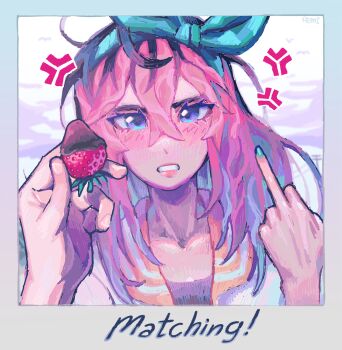 1girl anger_vein aqua_hairband aqua_nails artist_name aubrey_(faraway)_(omori) aubrey_(omori) black_shirt blue_eyes blush bow_hairband chocolate-covered_food chocolate_strawberry clenched_teeth cloud cloudy_sky collarbone crossed_bangs english_text fingernails food fruit hairband hand_up highres holding holding_food holding_fruit jacket lips long_hair looking_at_viewer middle_finger multicolored_hair nail_polish omori open_clothes open_jacket orange_sailor_collar outdoors portrait pov remi_(mozzaremi) roots_(hair) sailor_collar shirt sky solo_focus strawberry teeth utility_pole white_jacket