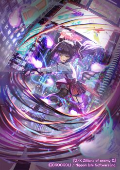 1girl black_thighhighs black_wings bow copyright_notice cyberpunk dress floating_hair hair_bow halo highres hitodama misago_(525) mystica_sanctus official_art open_mouth pinafore_dress purple_hair red_halo sleeveless sleeveless_dress solo thighhighs twintails wings yellow_eyes z/x