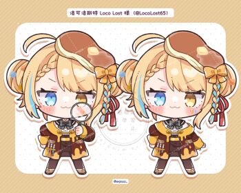 1girl :3 ahoge black_bow black_bowtie blonde_hair blue_eyes blue_streaks blush_stickers bow bowtie brown_jacket character_name chibi chibi_only closed_mouth commentary_request double_bun egissi food food_on_head full_body hair_bow hair_bun heterochromia holding holding_magnifying_glass indie_virtual_youtuber jacket loco_lost long_sleeves looking_at_viewer magnifying_glass multicolored_hair multiple_views object_on_head open_clothes open_jacket pancake parted_bangs plaid_bow plaid_bowtie plaid_clothes sample_watermark short_hair simple_background smile standing straight-on streaked_hair twitter_username virtual_youtuber watermark watermark_grid white_background yellow_bow yellow_eyes