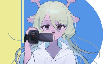 1girl absurdres animal_ears antlers black_eyes blonde_hair blood camcorder camera chinese_commentary closed_mouth commentary_request deer_antlers deer_ears deer_girl deltarune downturned_eyes furry furry_female highres holding holding_camera horns long_hair lv_chan_cat mixed-language_commentary noelle_holiday noelle_holiday_(dark_world) nosebleed portrait solo utdr_(toby_fox) video_camera white_hood