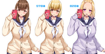 bimbofication blonde_hair blue_nails blush breasts brown_eyes brown_hair cardigan cellphone collarbone face_piercing forehead gyaru highres holding holding_phone kogal kuroko_(user_jtty5588) lip_piercing looking_at_viewer medium_breasts medium_hair neckerchief open_mouth original paid_reward_available parted_lips phone piercing purple_cardigan purple_eyes purple_nails purple_neckerchief sequential short_hair sleeves_past_wrists smartphone smile tongue_piercing translation_request upper_body yellow_cardigan