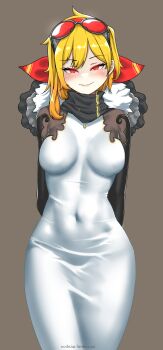 1girl absurdres arms_behind_back black_sleeves blonde_hair blush breasts breasts_apart brown_background covered_navel dress eyewear_on_head glowing glowing_eyes goggles goggles_on_head gradient_hair hair_ribbon highres hololive hololive_indonesia kaela_kovalskia kaela_kovalskia_(1st_costume) large_breasts long_sleeves looking_at_viewer medium_breasts medium_hair multicolored_hair neck_warmer no_nose oodnap orange_hair pencil_dress red-tinted_eyewear red_eyes red_ribbon ribbon simple_background smile solo stomach taut_clothes taut_dress tinted_eyewear virtual_youtuber white_dress