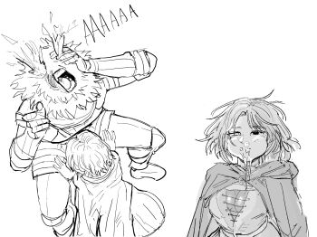1boy 1girl after_fellatio armor breasts cloak cum dehgwo elden_ring fellatio highres melina_(elden_ring) oral