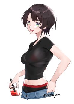 1girl :d absurdres aqua_eyes artist_name black_hair black_panties black_shirt boyshort_panties breasts bubble_tea casual commentary drink highres holding holding_drink hololive looking_at_viewer lowleg lowleg_pants medium_breasts midriff navel oozora_subaru open_mouth panties pants seiji_kimoti shirt short_hair simple_background smile solo tight_clothes tight_shirt twitter_username underwear untranslatable_commentary virtual_youtuber white_background