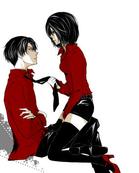 1boy 1girl affair bad_tag belt betrayal black_eyes black_hair black_thighhighs boots clothes_grab crossed_arms disgrace disgust high_heels highres incest incestuous incestus infidelity levi_(shingeki_no_kyojin) looking_at_another mikasa_ackerman miniskirt necktie necktie_grab neckwear_grab netorare netorase on_lap out_of_character red_shirt shingeki_no_kyojin shirt shoes short_hair sitting sitting_on_lap sitting_on_person skirt sorachiru3987 thighhighs trash unfaithful white_background