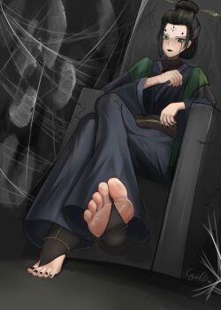 Rule 34 | 1girl, absurdres, barefoot, black hair, black lips, black myth: wukong, bug, chinese clothes, crossed legs, cyrilliar, feet, fourth sister (black myth: wukong), green eyes, hair bun, highres, long hair, looking at viewer, silk, soles, spider, spider web, throne, toeless legwear, toes
