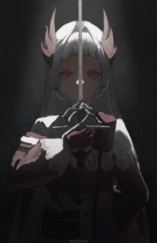 1girl absurdres arknights brown_gloves brown_shirt covered_mouth dark film_grain gloves highres holding holding_sword holding_weapon irene_(arknights) long_hair long_sleeves looking_at_viewer rapier red_eyes scar scar_across_eye scar_on_face shirt solo sword twitter_username watermark weapon white_hair white_shirt yyalloww