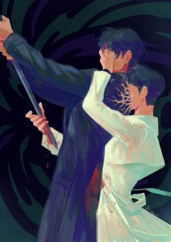 2boys absurdres black_coat black_hair blood blood_on_clothes blood_on_hands blood_splatter bloody_weapon body_horror censored censored_identity coat commentary corruption cowboy_shot english_commentary hand_on_another&#039;s_face height_difference highres holding holding_sword holding_weapon imminent_self-harm kim_dokja male_focus multiple_boys omniscient_reader&#039;s_viewpoint short_hair stab sword umbrvx veins weapon white_coat yoo_joonghyuk