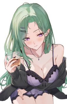 1girl bare_shoulders black_cardigan black_nails breasts camisole cardigan cleavage cup from_above green_hair hair_ornament hairclip highres holding holding_cup jewelry large_breasts long_hair long_sleeves looking_at_viewer mole mole_on_breast necklace open_clothes pa_factory purple_camisole purple_eyes solo virtual_youtuber vspo! white_background yakumo_beni yakumo_beni_(5th_costume)
