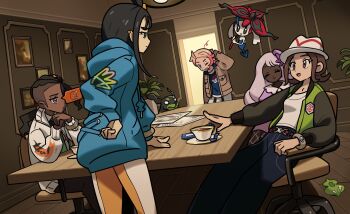 2boys 3girls bell-bottoms black_hair blonde_hair brown_hair dark-skinned_female dark_skin dress floette floette_(eternal) gen_6_pokemon green_jacket harmony_(pokemon) hat highres himurohiromu jacinthe_(pokemon) jacket legendary_pokemon lida_(pokemon) mega_ring mega_stone multiple_boys multiple_girls naveen_(pokemon) nintendo open_clothes open_jacket pants pokemon pokemon_legends:_z-a purple_dress purple_hair shirt short_hair striped_hat tea urbain_(pokemon) white_hat white_shirt zygarde zygarde_(10) zygarde_cell