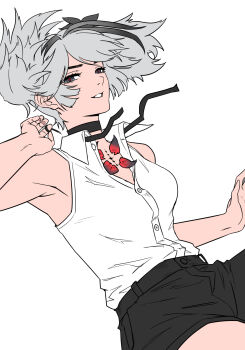 1girl bare_shoulders black_choker black_eyes black_shorts breasts camellya_(wuthering_waves) chainsaw_man choker collared_shirt commentary cosplay grey_hair highres looking_at_viewer medium_breasts parted_lips red_pupils reze_(chainsaw_man) reze_(chainsaw_man)_(cosplay) rezilism shirt shirt_tucked_in short_hair shorts simple_background sleeveless sleeveless_shirt smile solo tacet_mark_(wuthering_waves) white_background white_shirt wuthering_waves