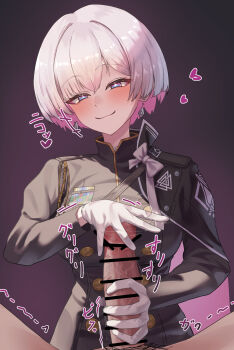 1boy 1girl absurdres ars_rg0412 bar_censor black_dress censored commentary_request cross-shaped_pupils dress erection glansjob gloved_handjob gloves goddess_of_victory:_nikke handjob hetero highres liliweiss_(nikke) multicolored_hair pink_hair short_hair simple_background smile symbol-shaped_pupils translation_request two-tone_hair white_gloves white_hair