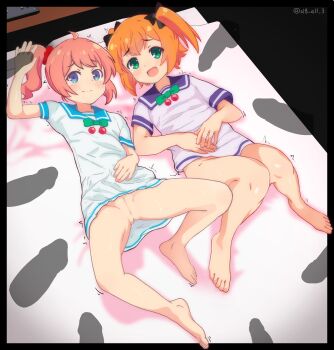 2girls :d absurdres amatsuki_meguru aqua_eyes arm_up barefoot bed blush bow bowtie cleft_of_venus disembodied_hand disembodied_penis dress embarrassed feet full_body green_eyes hair_ornament hair_ribbon hair_scrunchie hand_on_own_stomach hands_on_own_stomach hands_together highres kaitou_tenshi_twin_angel knees_together_feet_apart knees_up loli looking_at_viewer lying minazuki_haruka_(twin_angel) multiple_girls no_panties on_back open_mouth orange_hair penis pink_hair pussy ribbon school_uniform scrunchie shadow short_sleeves short_twintails side_ponytail sl8-all smile sweat tears toes trembling twin_angel twin_angel_break twintails uncensored