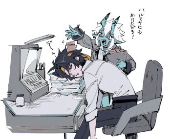 1boy 1girl asaba_harumasa black_hair black_pants blue_oni chair closed_eyes computer food food_on_head headband object_on_head office_chair offnanoda on_chair oni pants paper_stack red_eyes shirt shirt_tucked_in simple_background sitting sleeping soukaku_(zenless_zone_zero) swivel_chair translated white_background white_shirt yellow_headband zenless_zone_zero