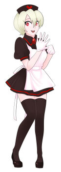 1girl adjusting_clothes adjusting_gloves apron back_ribbon black_dress black_sandals black_thighhighs blonde_hair dress full_body gallaxi gloves hair_between_eyes hat looking_at_viewer nurse nurse_(gallaxi) nurse_cap primamori_clinic red_eyes red_lips ribbon sandals simple_background solo symbol-shaped_pupils thighhighs white_apron white_background white_gloves white_ribbon x-shaped_pupils