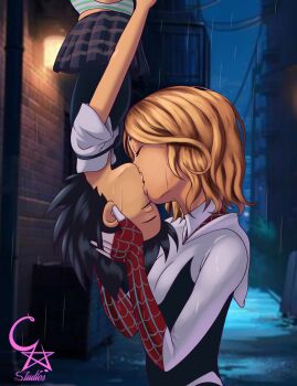 2girls alley artist_name black_bodysuit black_hair black_skirt black_sweater_vest blonde_hair bodysuit breasts brick_wall building closed_eyes clothes_lift cockstarstudios collared_shirt commentary dark dress_shirt english_commentary french_kiss from_side green_panties gwen_stacy hanging highres hood hood_down kiss loli marvel midriff_peek multicolored_bodysuit multiple_girls night outdoors panties pantyshot peni_parker plaid_clothes plaid_skirt pleated_skirt power_lines print_bodysuit rain red_bodysuit rotational_symmetry school_uniform shirt short_hair short_sleeves signature skirt skirt_lift small_breasts spider-gwen spider-man:_into_the_spider-verse spider-man_(series) spider-verse spider_web_print striped_clothes striped_panties superhero_costume sweater_vest teenage_boy_and_younger_girl underwear upside-down wavy_hair wet white_bodysuit white_panties white_shirt yuri