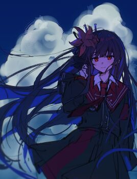1girl armband black_hair black_jacket black_skirt blue_sky closed_mouth cloud cloudy_sky collared_shirt flower hair_flower hair_ornament hand_in_own_hair highres jacket long_hair long_sleeves looking_at_viewer mahou_shoujo_no_majo_saiban maisuiren necktie nikaido_hiro outdoors red_armband red_eyes red_flower red_necktie red_sailor_collar sailor_collar shirt sketch skirt sky smile solo very_long_hair wind wing_collar