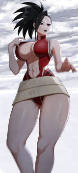 1girl belt belt_skirt black_eyes black_hair boku_no_hero_academia breasts commentary_request gluteal_fold hair_pulled_back highres large_breasts leotard leotard_pull long_legs navel open_clothes open_leotard open_mouth outdoors overcast red_leotard senju_(snz0) sky solo teeth thick_thighs thighs wet yaoyorozu_momo