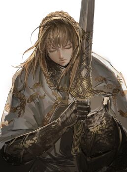 Rule 34 | 1girl, armor, armor under clothes, blonde hair, braid, cloak, closed eyes, crown braid, elden ring, elden ring: shadow of the erdtree, hanny (uirusu chan), helmet, highres, holding, holding sword, holding unworn helmet, holding weapon, knight, needle knight leda, ornate, ornate armor, sidelocks, solo, sword, unworn headwear, unworn helmet, upper body, weapon, white background, white cloak