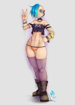 1girl abs asymmetrical_hair bare_shoulders black_boots black_choker black_shirt blue_hair blush blush_stickers boots bracelet braces breasts cameltoe choker cleavage commentary covered_erect_nipples crop_top dani_(nerdbayne) dated ear_piercing english_commentary eyelashes eyeshadow fishnets full_body gradient_hair green_eyes green_hair grey_background hand_on_own_hip jewelry makeup multicolored_hair multiple_bracelets nail_polish necklace nerdbayne orange_panties original panties piercing punk purple_thighhighs shirt sidecut simple_background smile solo standing stomach teeth thighhighs thighs two-tone_hair undercut underwear untied_shoelaces v