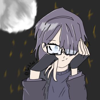 1girl expressionless glasses highres lineart long_sleeves looking_ahead non-web_source original purple_hair serious short_hair sweater