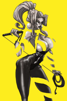 Rule 34 | 1girl, absurdres, breasts, commentary, earrings, highres, holding, holding whip, ibdinosaur, jewelry, large breasts, looking to the side, ponytail, simple background, sofia (toushinden), solo, spot color, toushinden, yellow background