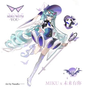 1girl :d absurdres alternate_costume aqua_eyes aqua_hair asymmetrical_legwear bat_wings black_corset black_thighhighs blue_necktie boots chinese_text corset drill_hair english_text eyewear_on_head frilled_skirt frills full_body gloves hand_up hat hatsune_miku highres holding holding_staff juliet_sleeves leg_up long_hair long_sleeves looking_at_viewer low_wings miku_with_you_(vocaloid) miniskirt necktie open_mouth panda pink_wings puffy_sleeves purple_gloves purple_socks shirt shucai_dawang single_glove single_thighhigh skirt smile socks solo staff standing standing_on_one_leg sunglasses thighhighs triangular_eyewear twin_drills twintails uneven_legwear very_long_hair vocaloid white_background white_boots white_hat white_shirt white_skirt wide_sleeves wings witch_hat