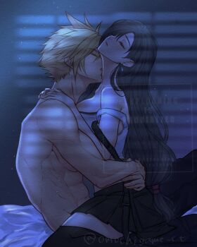 1boy 1girl abs arms_around_waist baggy_pants bare_shoulders black_hair black_skirt black_thighhighs blonde_hair breasts closed_eyes clothes_pull cloud_strife commentary_request couple crop_top earrings feet_out_of_frame final_fantasy final_fantasy_vii final_fantasy_vii_rebirth final_fantasy_vii_remake from_side girl_on_top hand_on_another's_hip hands_on_another's_shoulders hetero hug jewelry kiss kissing_neck large_breasts long_hair miniskirt omochigame_ct pants parted_lips profile shirt_pull single_earring sitting sitting_on_lap sitting_on_person skirt spiked_hair tank_top teardrop_earrings thighhighs tifa_lockhart toned toned_male topless_male white_tank_top