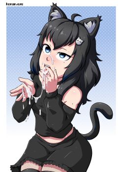 1girl after_fellatio animal_ears artist_name bare_shoulders black_hair black_shirt black_skirt black_thighhighs blue_background cat_ears cat_girl cat_tail confused cowboy_shot cropped_shirt cum cum_in_mouth cum_on_body cum_on_hands cum_on_tongue embarrassed eyelashes facial female_focus fishnet_thighhighs fishnets fran_(tensei_shitara_ken_deshita) half-closed_eye hands_up implied_hetero konan_exe loli long_hair looking_afar looking_up midriff mole mole_under_eye off-shoulder_shirt off_shoulder open_mouth shirt simple_background sitting skirt solo tail teeth tensei_shitara_ken_deshita thighhighs tongue tongue_out two-tone_background white_background