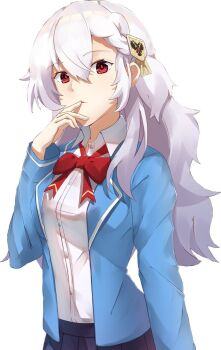 1girl alpha_(alpha_1918) artist_request blazer blue_jacket bow buttons curious finger_to_mouth fluffy fluffy_hair hair_ornament highres jacket lips long_hair looking_at_viewer open_clothes open_collar open_jacket red_bow red_eyes russian_empire school_uniform simple_background skirt teeth upper_body upper_teeth_only white_background white_hair